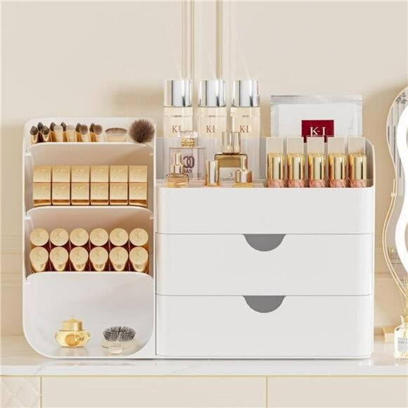 Large makeup organizer with drawers and brush holder vanity countertop storage - Picture 4 of 8